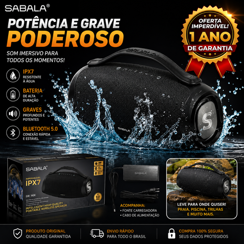 Caixa de Som Bluetooth SABALA DRA-909 200W Premium – Graves Potentes, Bateria 3900mAh e Proteção IPX6 à Prova d’Água